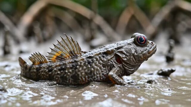 A small mudskipper rests upon the wet earthy surface within a coastal mangrove forest environment while captured during a low tide excursion to observe the unique behavior of these amphibious