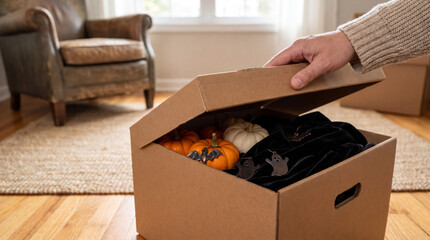 Naklejka premium Person's hand opening a storage box packed with various halloween decorations like small pumpkins, a bat ornament, and ghost figures