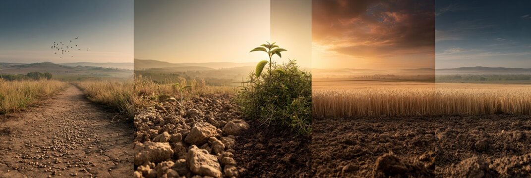 Parable of the sower showing seeds on different soils. Seeds scattered on different types of ground illustrating the biblical parable of the sower
