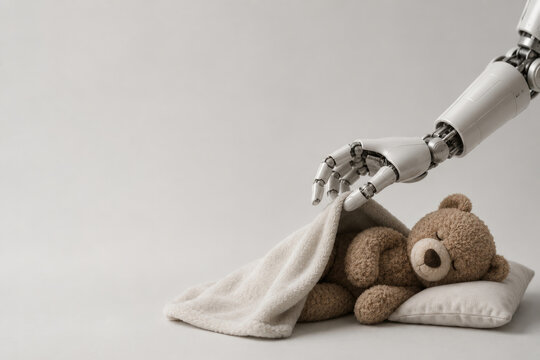 Robot hand covers a teddy bear with a blanket. Space for text.