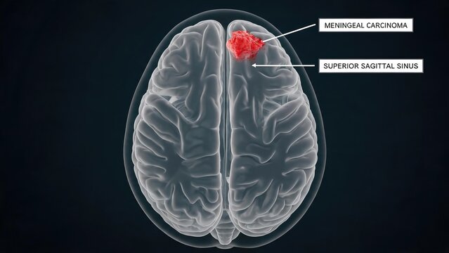 Top-down axial 3D medical render of human brain showing red meningeal carcinoma tumor adjacent to superior sagittal sinus, dark navy clinical background annotated intracranial cancer pathology diagram