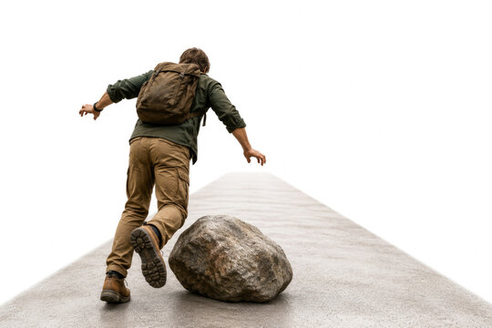 Traveler runs around a rock blocking the path. Space for text.