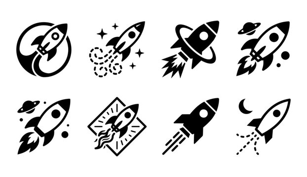 Rocket Launch Icon Set &ndash; Space Shuttle, Startup, Mission and Space Exploration Vector Collection Isolated on White Background