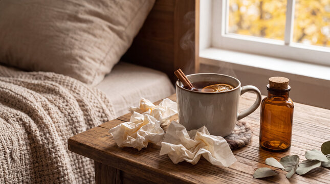 Warm soothing tea and used tissues on a bedside table, reflecting a recovering from cold or flu during autumn