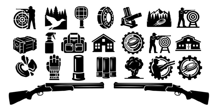 Clay Target Shooting Vector Silhouette Bundle - Skeet Trap Hunting Icon Pack - Shotgun Sport Outdoor Activity Template Collection
