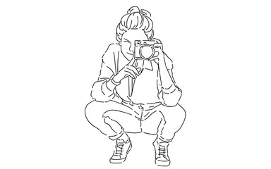 Obraz premium Illustration of a person crouching and taking a photo with a camera, wearing casual clothes.