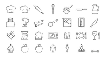 Naklejka premium Kitchen Utensils, Cooking & Baking Tools Line Art Icons Set. Food Preparation, Chef & Restaurant Equipment Collection. Outline Vector Graphics.