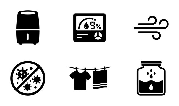 Humidifier, Hygrometer, Airflow, Anti-Bacteria, Laundry, Water Icons: 6 Black Vector Elements for Climate Control & Home Care