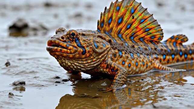 A brightly colored sailfin mudskipper rests on the wet muddy bank to showcase its unique skin patterns and vibrant dorsal fin while observing the surrounding environment within its tropical