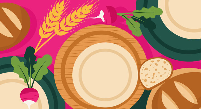 Fresh bread and radishes with wheat stalks on a pink kitchen background