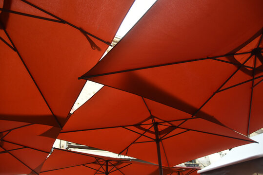 Low angle view of red umbrellas covering a restaurant terrace, creating a colorful outdoor dining atmosphere with repeating shapes and summer ambiance.
