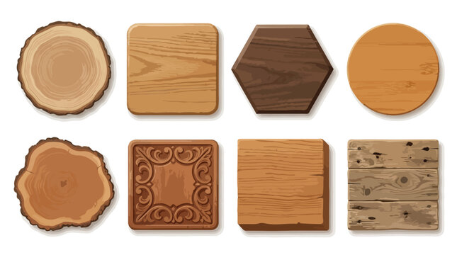 Natural wood textures and timber cross sections, set of 8 realistic wooden plaques and tree trunk slices, rustic brown wood grain vector elements isolated PNG with Transparent Background