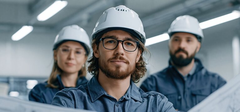 Engineers examining blueprints during a safety inspection at a modern nuclear power facility.