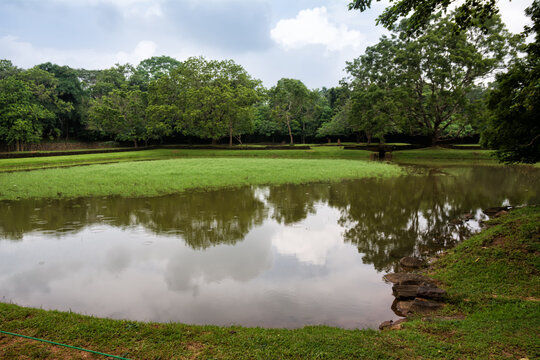 Serene Pond Reflecting Cloudy Sky Amidst Lush Green Landscape at Sigirya Park Entrance