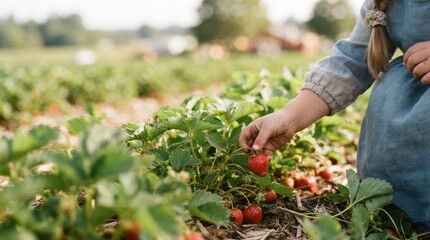Fototapeta premium Young girl picking fresh organic strawberries in a sunny farm field, summer harvest activity and healthy food concept