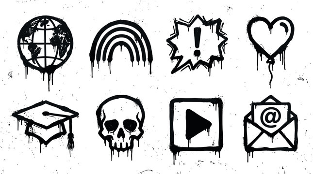 Graffiti spray paint drip icon set vector illustration featuring globe rainbow exclamation mark heart balloon graduation cap skull play button envelope.