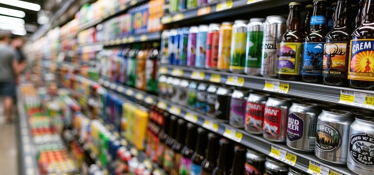 Colorful store shelves display a variety of craft beer cans and bottles in a bright, festive shopping aisle.