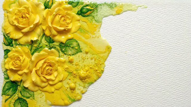 Elegant wide angle watercolor yellow rose flower corner border blooming on white paper background with liquid paint spreading