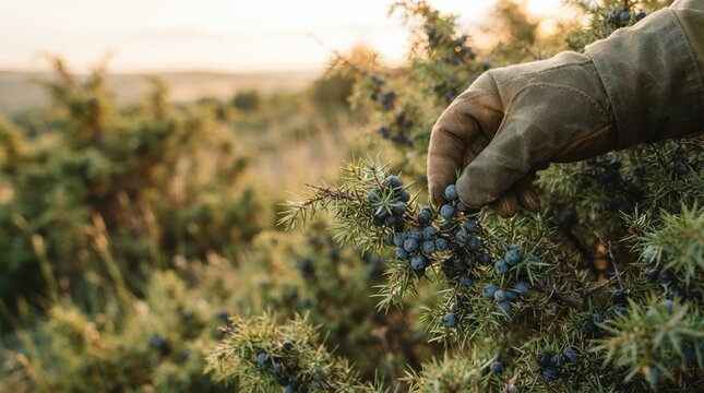 Hand Harvesting Wild Juniper Berries for Gin Production in Nature at Sunset