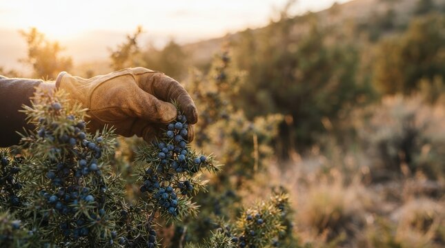 Hand in leather glove harvesting wild juniper berries from bush at sunset for gin production and organic herbal medicine