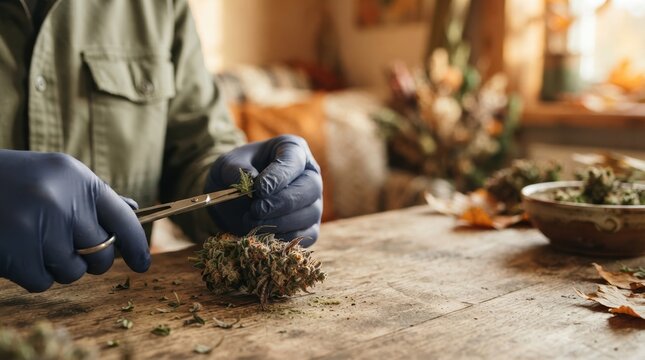 Person Wearing Blue Gloves Trimming Cannabis Bud with Scissors on Wooden Table for Medical Marijuana Production