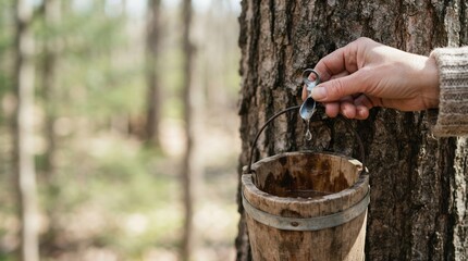 Fototapeta premium Traditional Maple Syrup Harvesting with Wooden Bucket and Metal Tap in Spring Forest