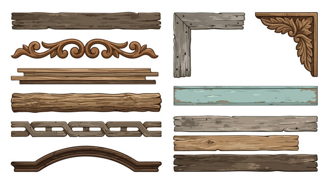 Rustic wooden borders and frames set, vintage timber planks and carved wood elements, 11 decorative vector dividers for graphic design isolated PNG with Transparent Background