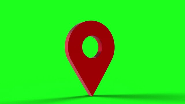 Red 3d map pin locator animation spinning on green screen