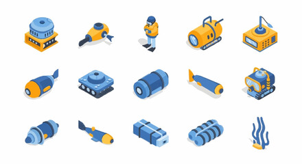 Colorful flat vector icons of diving equipment and submarines. © Dani