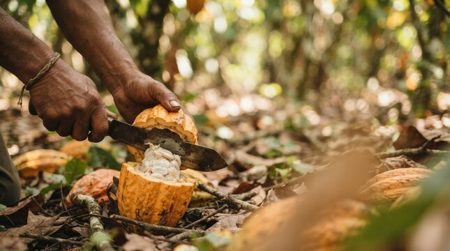 Farmer hands cutting fresh cacao pod with machete in tropical plantation for organic chocolate production process