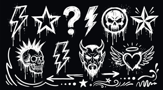 Graffiti spray paint drip icon set vector illustration featuring white skulls devil stars lightning bolts question mark and winged heart.