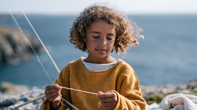 A child with gap teeth focused on threading a kite frame with string on a windy clifftop, ocean horizon visible below, childhood recreation, outdoor play activity, family