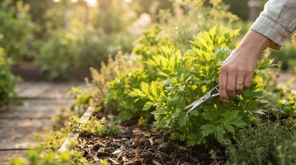 Fototapeta premium Woman Harvesting Fresh Green Herbs with Scissors in a Sunny Organic Garden for Sustainable Home Cooking