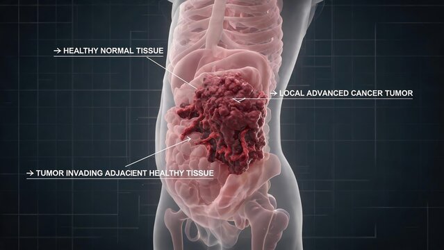 Sagittal cross-section 3D anatomical render of locally advanced abdominal cancer tumor invading adjacent healthy intestinal tissue, dark grey grid background annotated comparative pathology medical ch