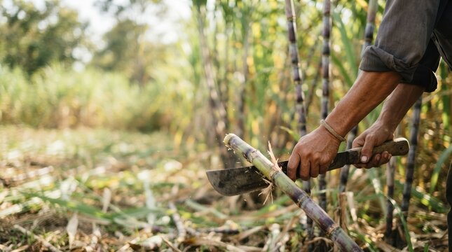 Manual Sugarcane Harvesting by Male Farmer Using Machete in Tropical Plantation Field for Agricultural Industry Concept
