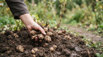 Fototapeta premium Person Harvesting Fresh Organic Jerusalem Artichokes from Soil in Garden for Sustainable Farm to Table Cooking