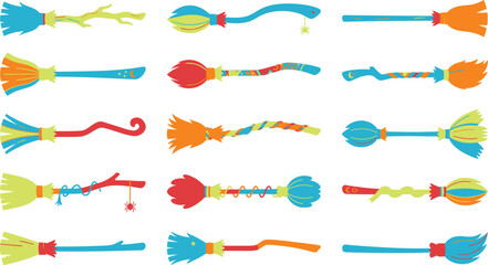 Whimsical witch broomstick collection, 15 colorful magic broom vector icons, fantasy flying broomsticks for Halloween decor and wizardry illustrations © nelufa04