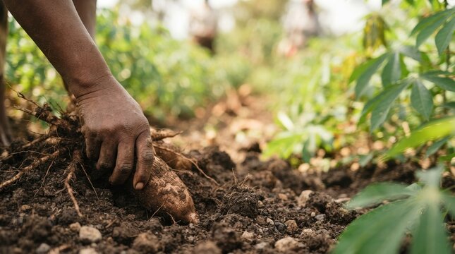 African Farmer Harvesting Fresh Cassava Root from Soil in Rural Farm Field for Sustainable Agriculture and Food Security