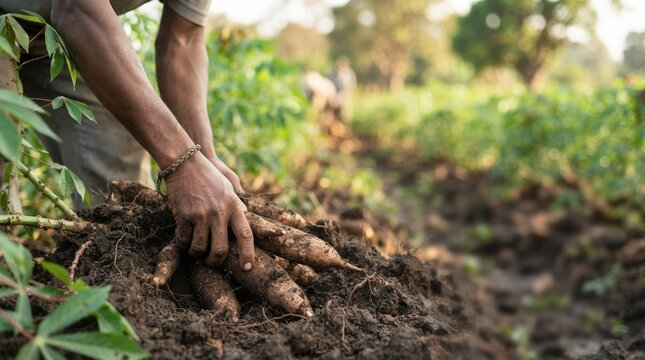 Farmer harvesting fresh cassava roots from soil in tropical farm field for sustainable agriculture and food security