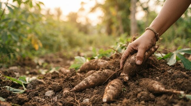 Farmer Harvesting Fresh Cassava Roots from Soil in Tropical Farm Field for Sustainable Agriculture and Food Security