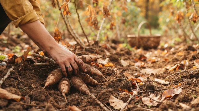 Farmer Harvesting Fresh Cassava Roots from Soil in Organic Farm Field for Sustainable Agriculture and Food Production