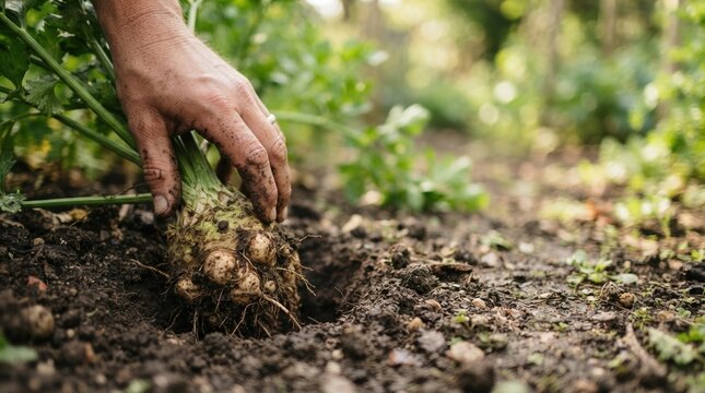Hand harvesting fresh organic celeriac root vegetable from garden soil, close up view of sustainable farming and healthy food production