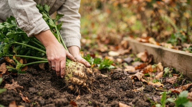Caucasian woman harvesting fresh organic celeriac root vegetable from soil in autumn garden for healthy cooking