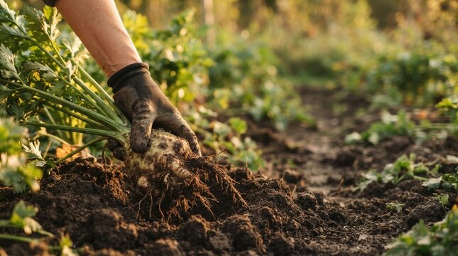 Farmer harvesting fresh organic celeriac root from soil in vegetable garden at sunset for sustainable food production