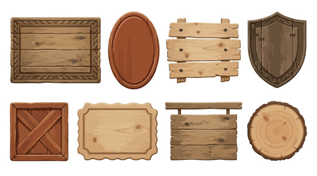 Rustic wooden signs collection, set of 8 vintage timber boards and plaques, brown wood texture frames for game UI and western decor