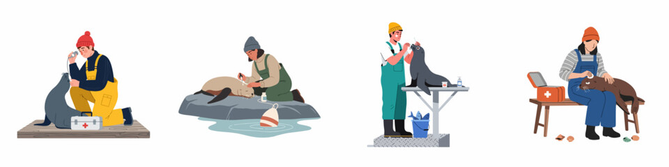 Fototapeta premium Set of illustrations showing dedicated marine animal rescuers providing medical care and treatment to seals and sea lions in various coastal settings.