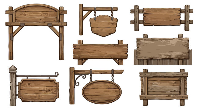 Rustic wooden signs collection, vintage timber boards with hanging chains, medieval wood planks set for game interface and tavern signage