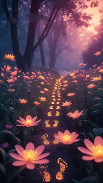 Glowing footprints magical flower meadow wonder journey illustration images