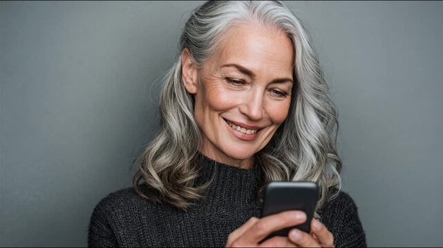 A confident mature woman with silver hair smiles while using her smartphone against a simple gray background, showcasing digital communication and modern technology connections.
