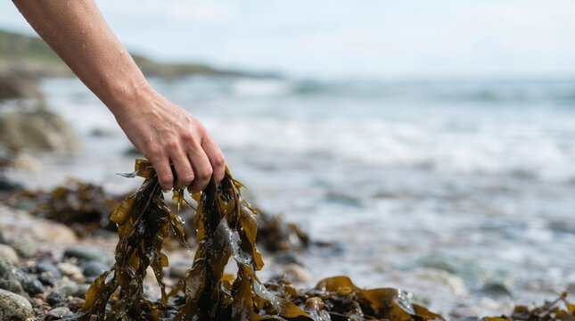 Hand holding fresh brown seaweed on a rocky beach, sustainable foraging concept for organic food and natural skincare ingredients